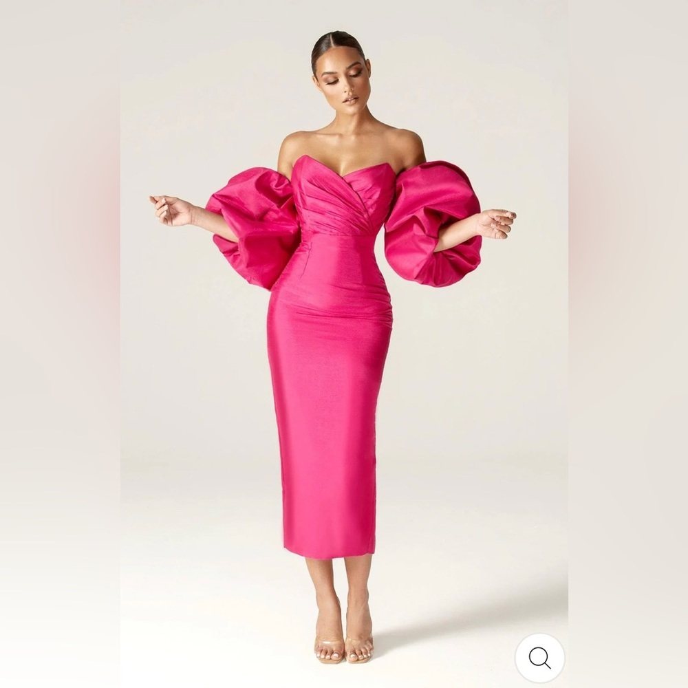 ALIEVA Hot pink puff sleeve cocktail midi dress! Prom,‎ party, showstopper!